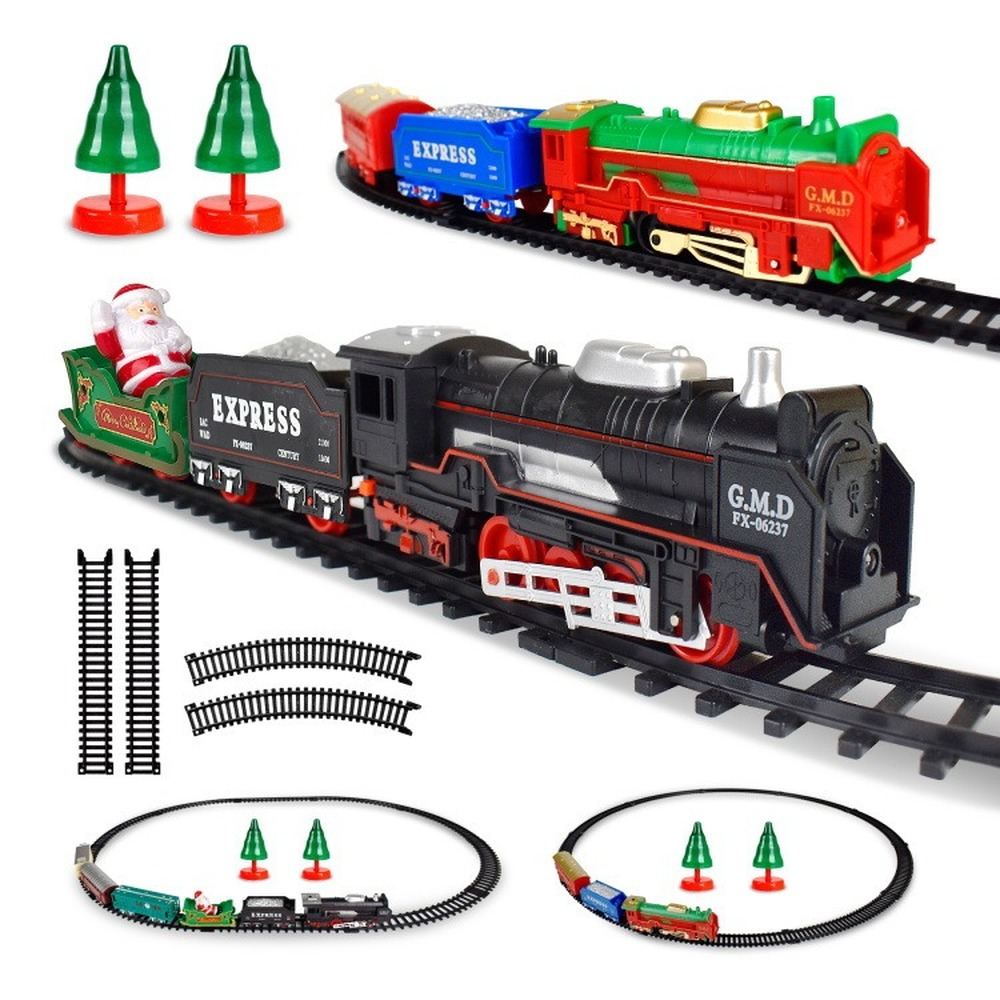 시뮬레이션 트랙 기차 크리스마스 전기 레일 자동차 소년을위한 작은 기차 철도 세트 장난감 어린이 크리스마스 선물 교통 완구
